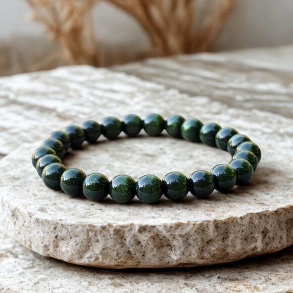 Green Golden Glass Beaded Unisex Bracelet 8MM Stretchy Handmade Jewelry - Picture 1 of 9